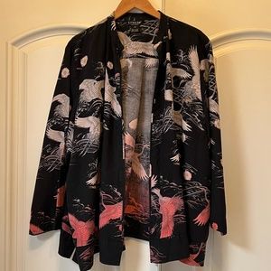 Citron Open Front Crane Print Silk/Linen Jacket